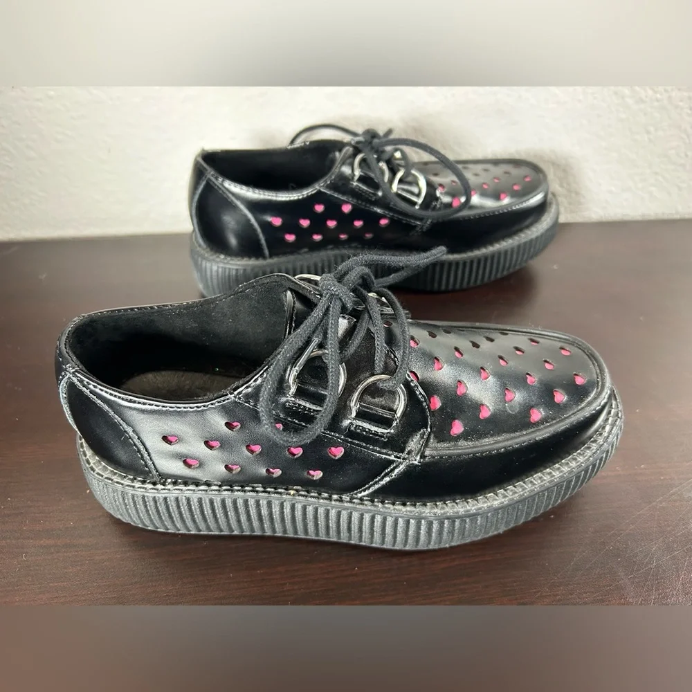 tuk Black Platform Creepers with Pink Heart Cutouts